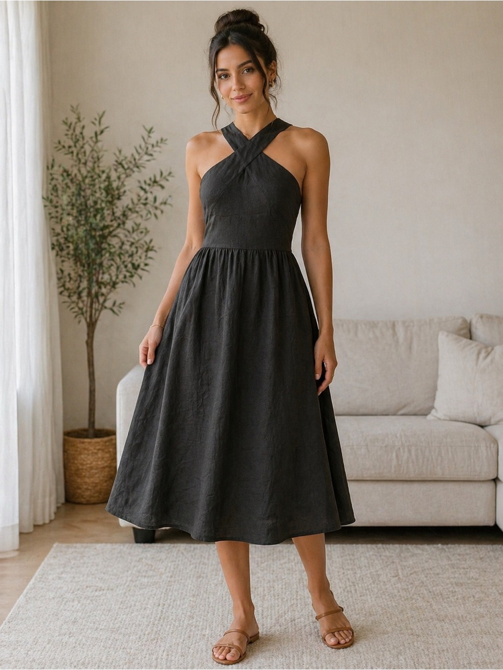 a new day Black linen Crisscross Halter Midi Dress